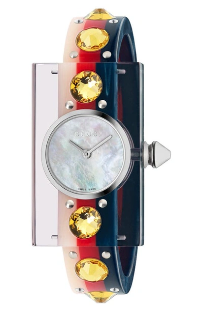 Gucci Vintage Web Bangle Watch, 24mm X 40mm In Blue/ Red/ Mop/ Silver