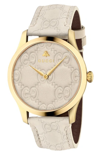 Gucci G-timeless Logo Leather Strap Watch, 38mm In Cream/ Gold