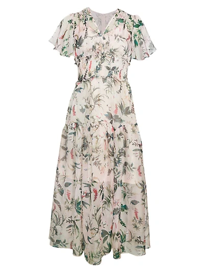 Avantlook Floral Flutter-sleeve Midi Dress In Beige Multi
