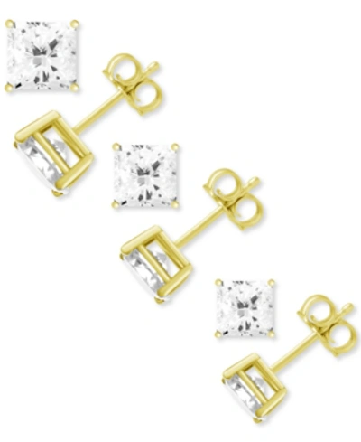 Essentials 3-pc. Set Silver Plated Square Cubic Zirconia Stud Earrings In Gold