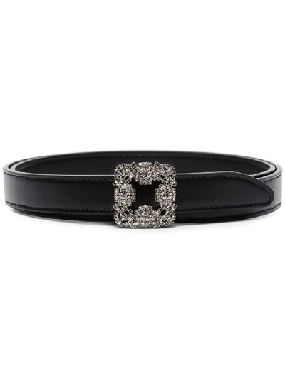 Manolo Blahnik Black Hangisi Crystal Buckle Leather Belt