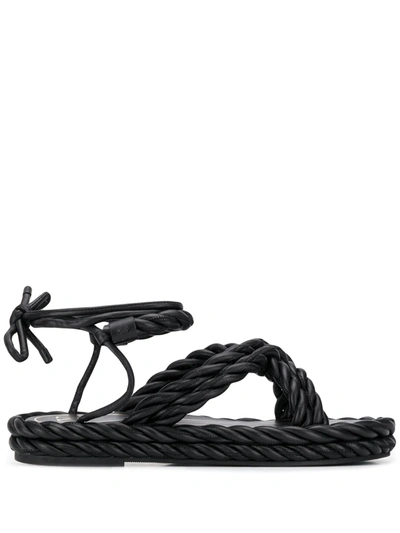 Valentino Garavani The Rope Crisscross Flat Ankle-wrap Sandals In Black