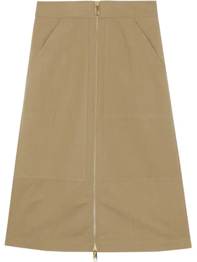 Burberry Zip-detailed Cotton And Silk-blend Gabardine Midi Skirt In Beige