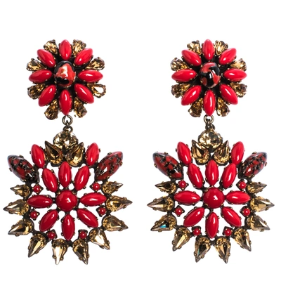 Pre-owned Etro Multicolor Crystal Flower Gold Tone Clip-on Drop Earrings
