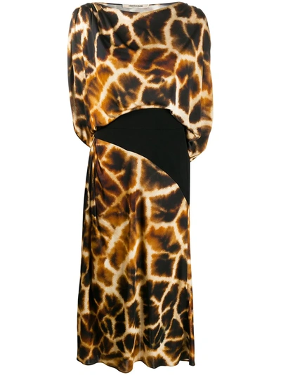 Roberto Cavalli Giraffe Chine Print Draped Dress In Neutrals