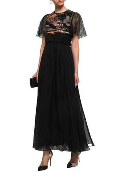 Valentino Embroidered Lace-paneled Silk-voile Gown In Black