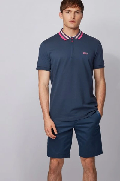 Hugo Boss - Cotton Piqué Polo Shirt With Striped Mesh Collar - Dark Blue