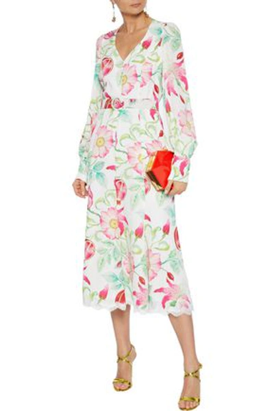 Andrew Gn Belted Lace-trimmed Floral-print Silk-crepe Midi Dress In White