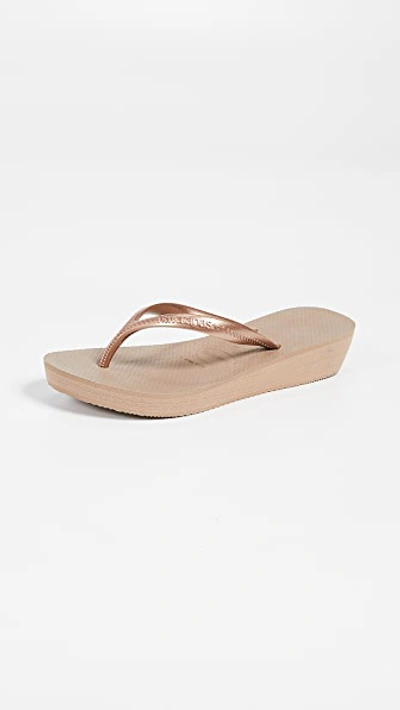 Havaianas High Light Wedge Flip Flops In Rose Gold