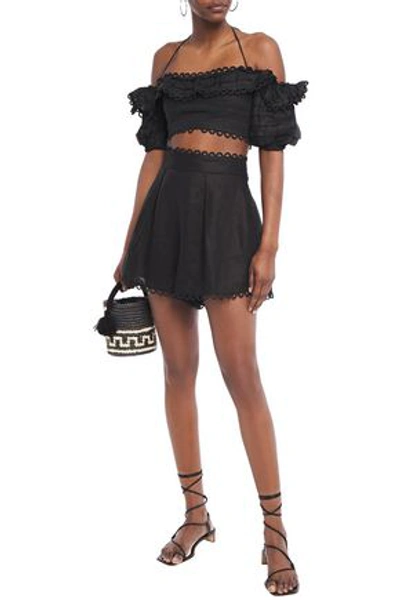 Zimmermann Allia Pintuck Off-the-shoulder Ruffled Linen Halterneck Top In Black