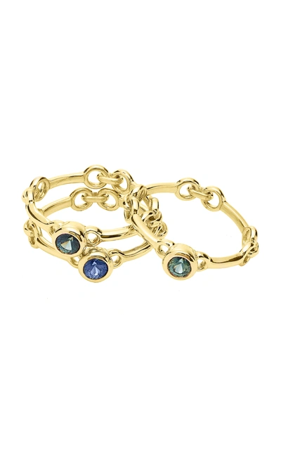Rush Jewelry Design Women's Set-of-three Signature Chain 18k Yellow Gold Rings In Blue