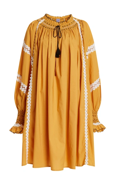Thierry Colson Vladia Lace-trimmed Cotton Mini Caftan In Yellow