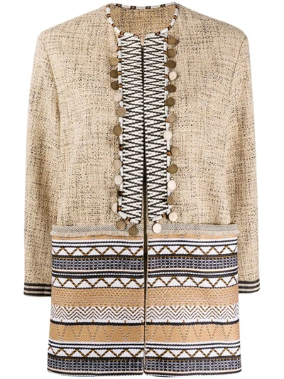 Bazar Deluxe Cotton And Silk Geometric Jacquard Embellished Jacket In Brown