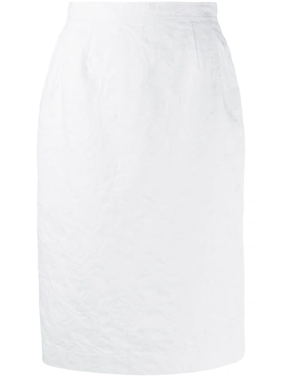 Pre-owned Lanvin 1980s Rose Jacquard Straight-fit Skirt In White