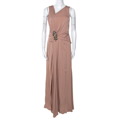 Pre-owned Gucci Pale Pink Silk Crepe Brooch Detail Draped Gown M