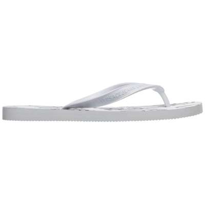 Versace Jeans Couture Flip Flops In White With Black Logo Print