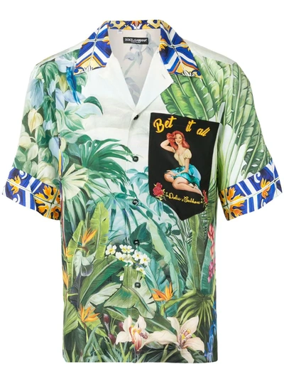 Dolce & Gabbana Silk Hawaii Shirt With Mixed Prints And Patch In Green
