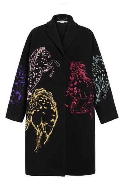 Stella Mccartney Horse Embroidered Wool Blend Coat In Black