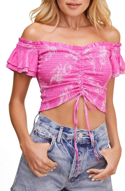 Astr Bayou Off The Shoulder Crop Top In Azalea Pink Floral