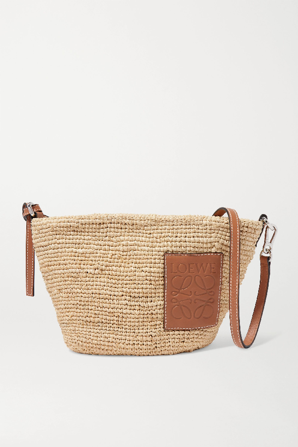 Loewe + Paula&#39;s Ibiza Pochette Leather-trimmed Woven Raffia Shoulder Bag In Tan | ModeSens