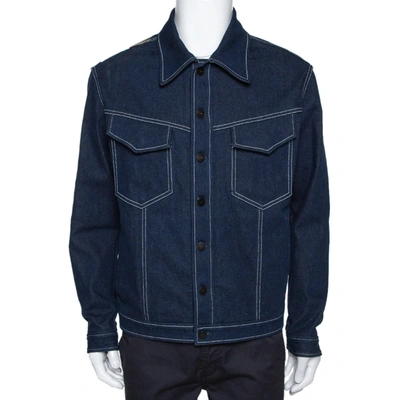 Pre-owned Fendi Navy Blue Denim & Latex Embossed Logo Detail Jacket L