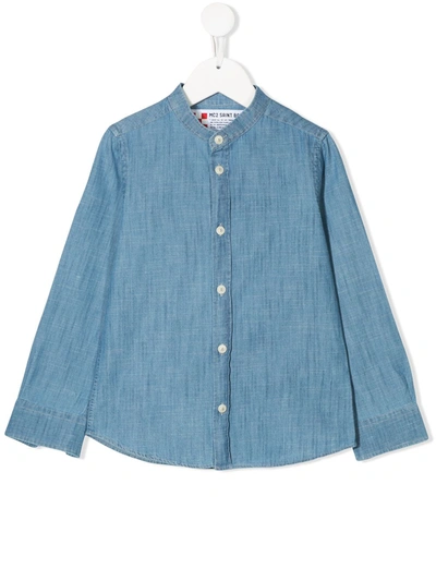 Mc2 Saint Barth Kids' Band-collar Denim Shirt In Blue