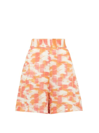 Three Graces London Robin Abstract Ikat-print High-rise Linen Shorts In Orange