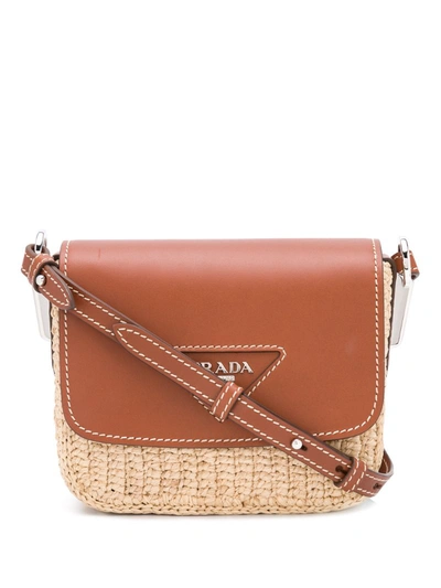 Prada Logo Plaque Woven Crossbody Bag In Cognac