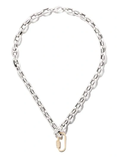 As29 18kt Yellow Gold Diamond Oval Carabiner (medium), 18kt White Gold 18” Bold Links Chain Necklace In Silver