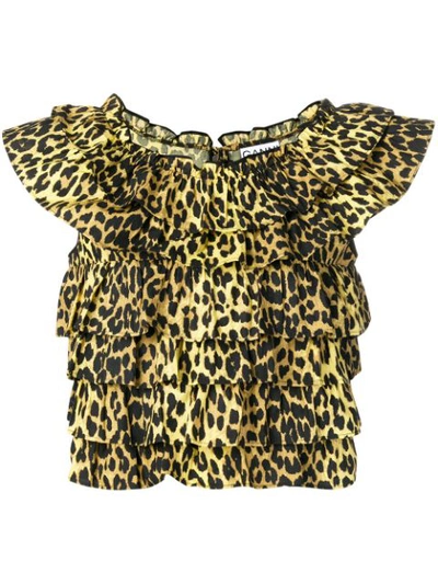 Ganni Bijou Tiered Leopard-print Cotton-poplin Blouse In Animal Print