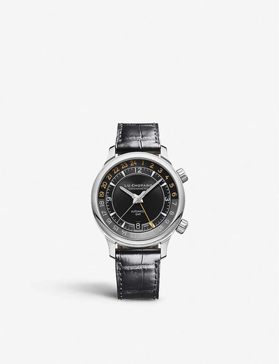 Chopard L.u.c Gmt One Stainless Steel And Alligator-embossed Leather Watch In Black And Silver