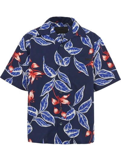Prada Floral Print Poplin Shirt In Blue