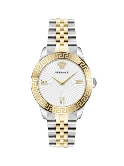 Versace Women's Greca Signature Lady Two-tone Stainless Steel Logo Bracelet Watch In White/multi
