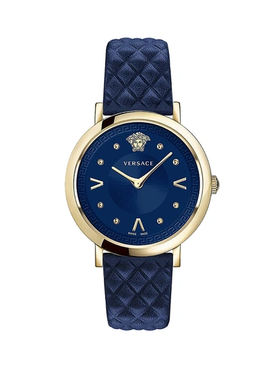 Versace Pop Chic Lady Stainless Steel Leather Strap Analog Watch In Blue