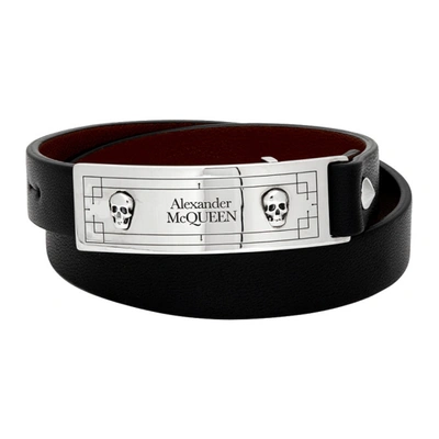 Alexander Mcqueen Double Wrap Logo & Leather Bracelet In 1000 Black