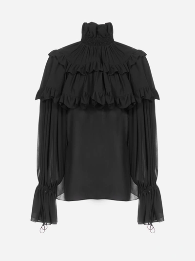 Saint Laurent Blusa Con Balze Arricciate In Georgette Di Seta In Black