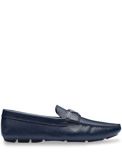 Prada Logo-plaque Saffiano Leather Loafers In Blue