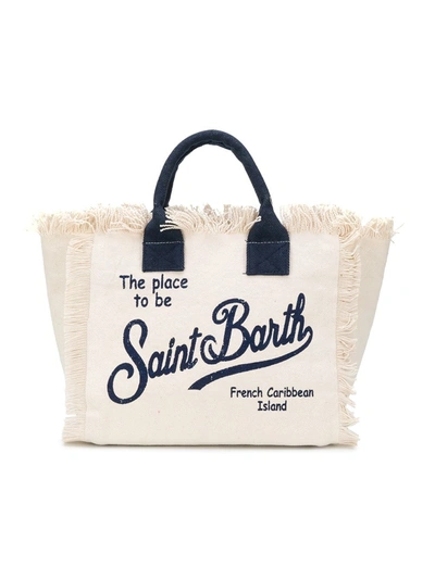 Mc2 Saint Barth Fringed Logo-print Beach Bag In Beige