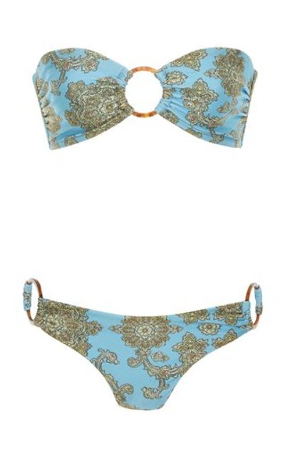 Zimmermann Fiesta Ring-embellished Paisley-print Bandeau Bikini In Blue