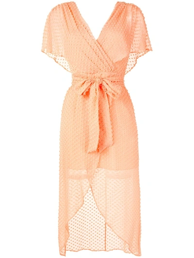 Alice And Olivia Darva Belted Wrap-effect Swiss-dot Silk And Cotton-blend Midi Dress In Light Peach