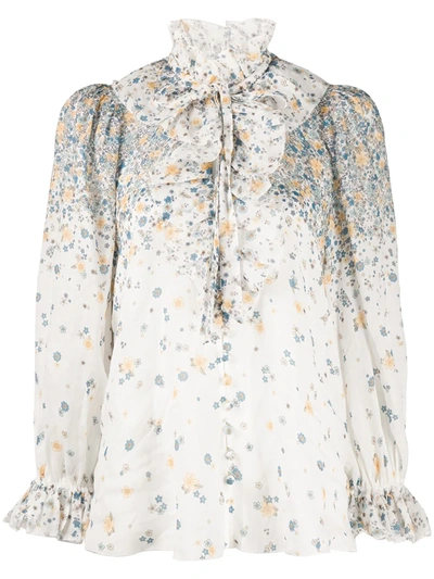 Zimmermann Carnaby Pussy-bow Ruffled Floral-print Ramie Blouse In Ivory