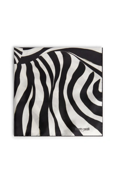 Roberto Cavalli Zebra Avantgarde Print Silk Scarf In Black