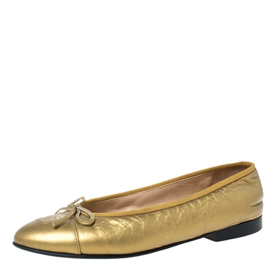 Pre-owned Chanel Gold Leather Cap Toe Cc Bow Ballet Flats Size 38