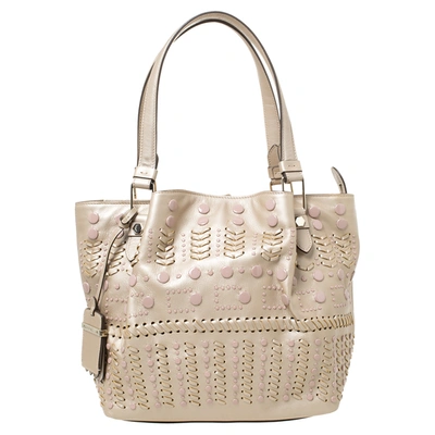 Pre-owned Tod's Metallic Beige Leather Small Studded Flower Tote