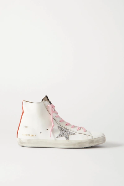 Golden Goose Francy Glittered Distressed Leather And Suede High-top Sneakers In White