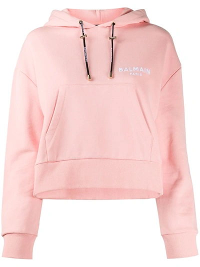 Balmain Logo印花抽绳系带连帽衫 In Pink