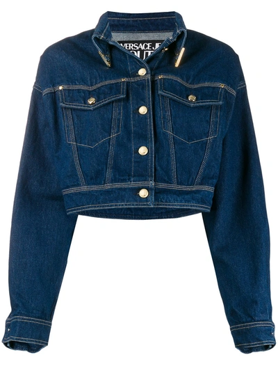 Versace Jeans Couture Crop Bue Denim Jacket In Blue