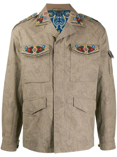 Etro Field Jacket With Cross-stitch Embroidery In Beige