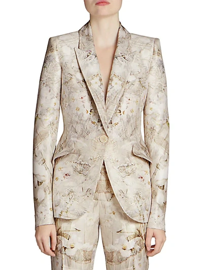 Alexander Mcqueen Ophelia Print Peak Shoulder One-button Jacket In Ivory