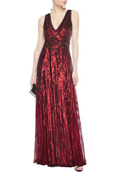 Jenny Packham Embellished Sequined Tulle Gown In Claret